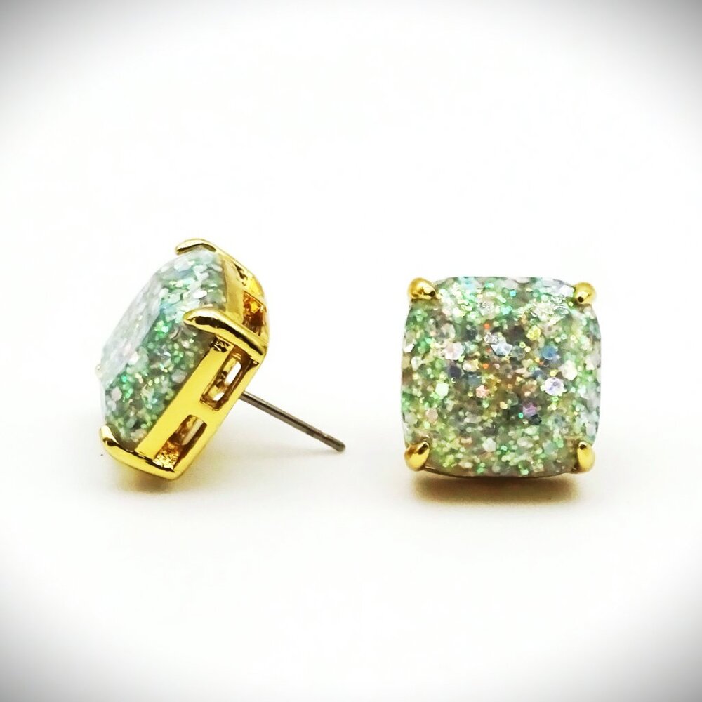 KATE SPADE Gold Plated Multicolor Glitter Square Crystal Stud Earrings - Picture 2 of 6